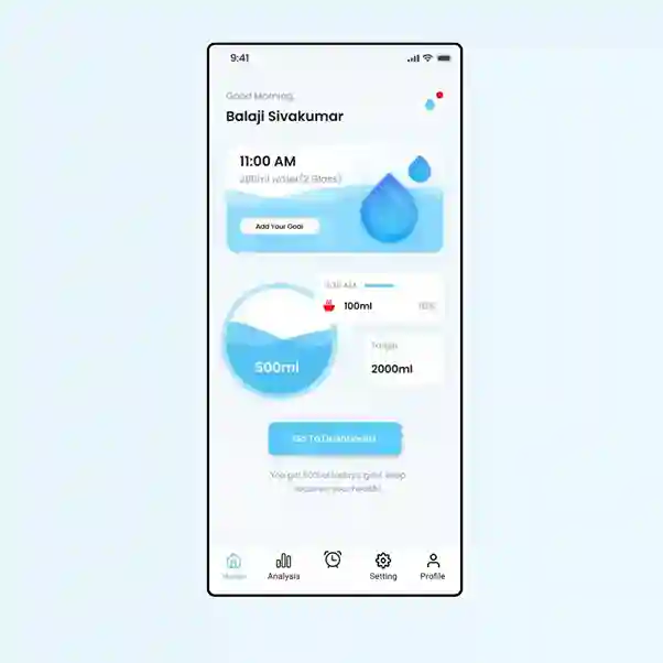 TruVida water tracker app interface showing daily hydration progress and goals